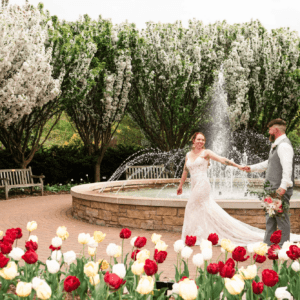 couple walking by tulips and a water fountain with trees in the background